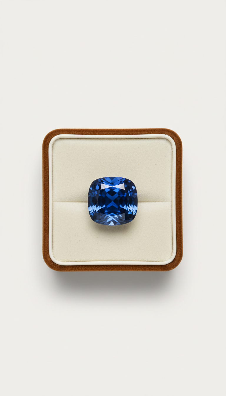 Cushion-cut blue sapphire with provenance card