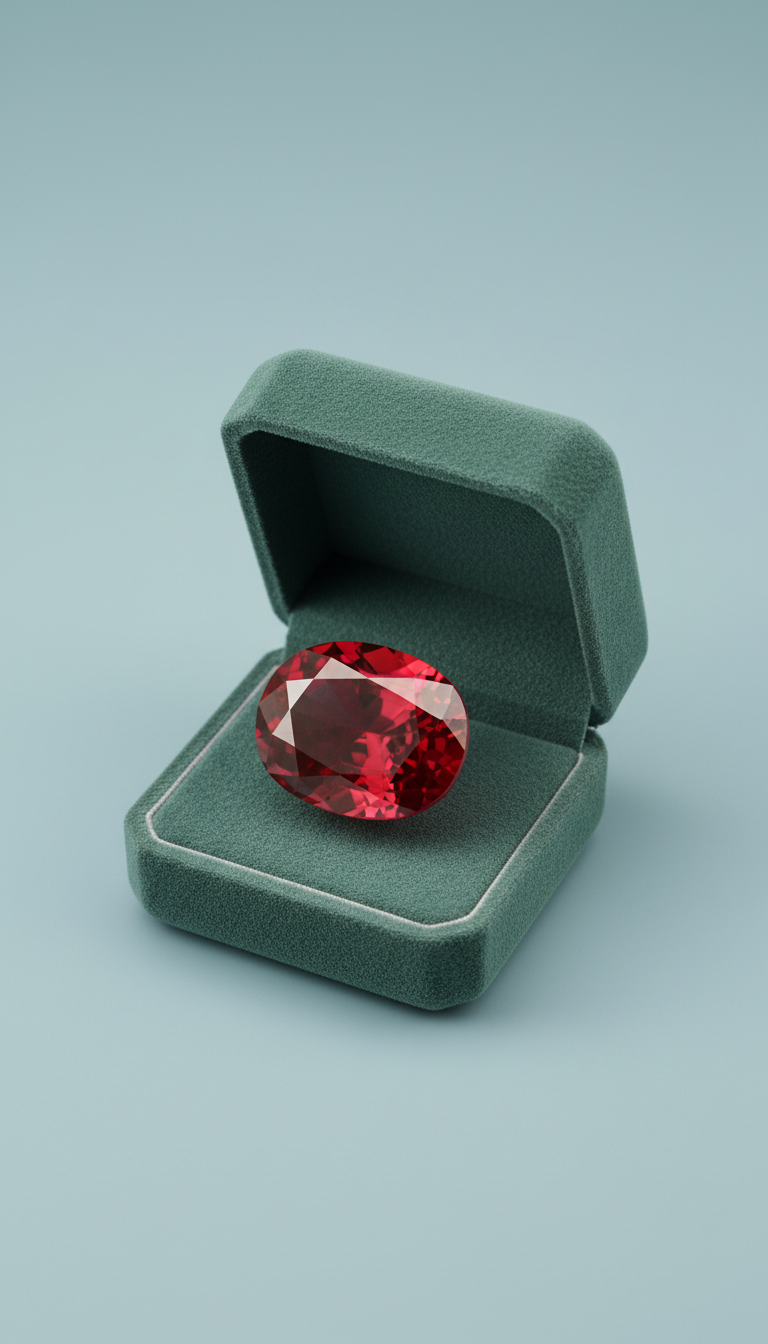 Burmese ruby in slate green velvet