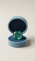 Colombian emerald in mist blue velvet