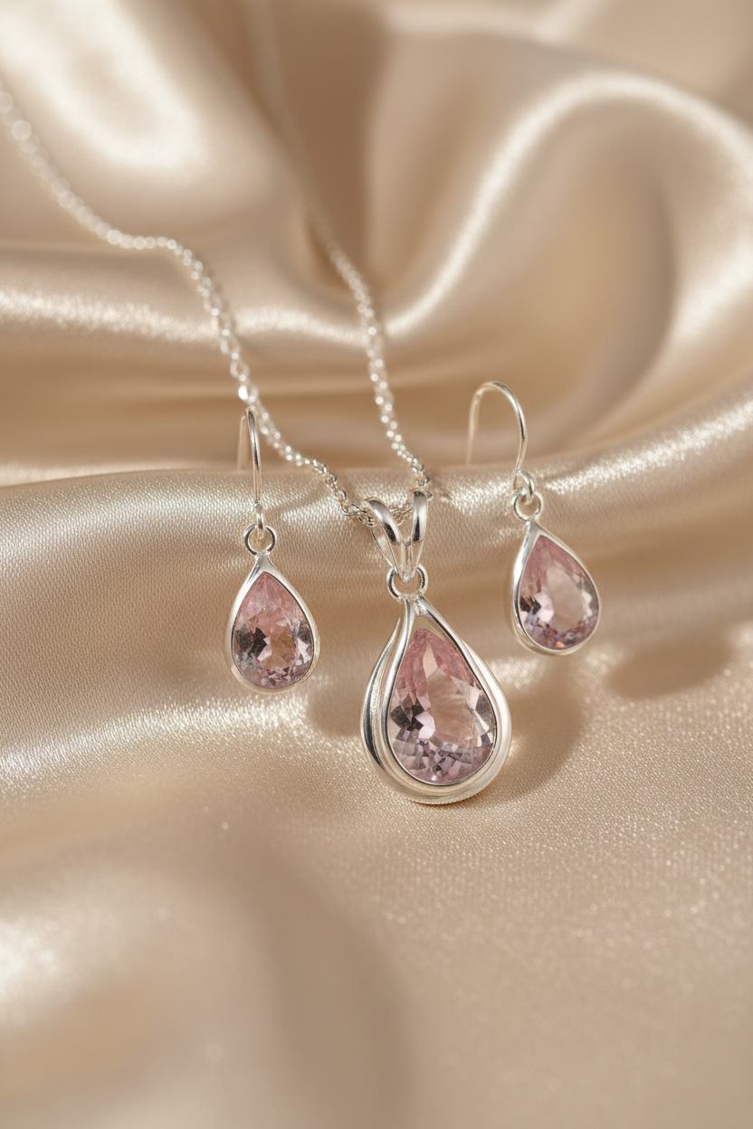 Silver Rose Quartz Pendant & Earring Set