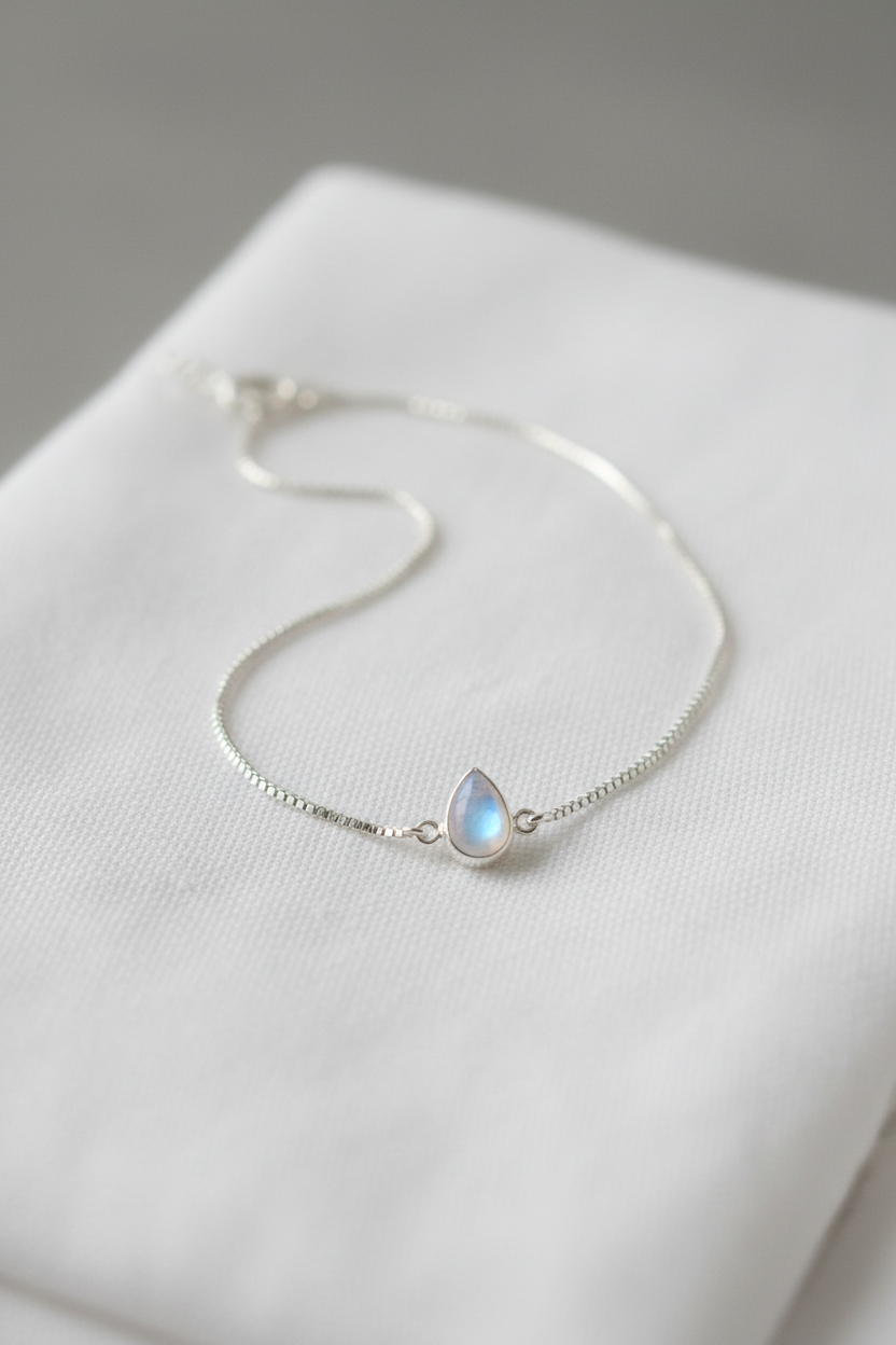 Silver Moonstone Teardrop Anklet