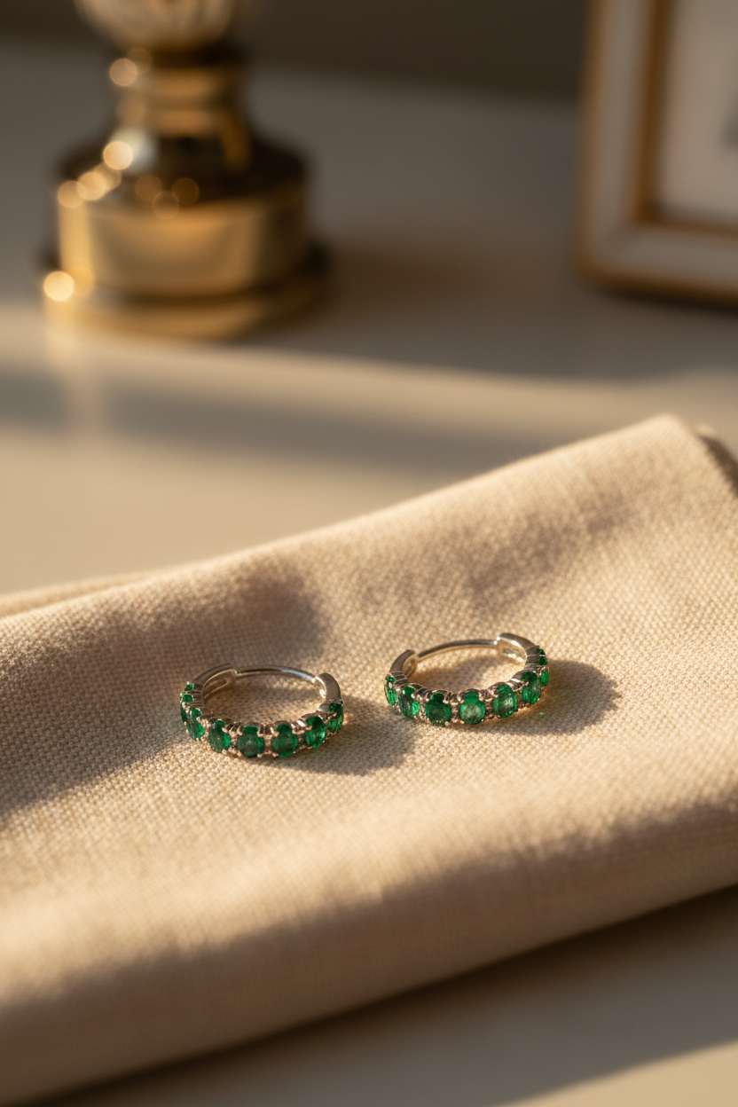 Emerald Accent Silver Huggie Earrings