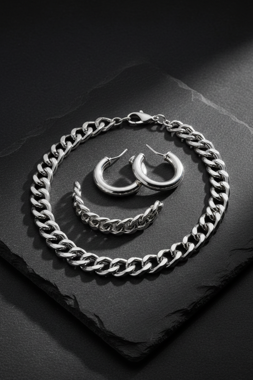 Silver Bold Chain Three-Piece Jewelry Set