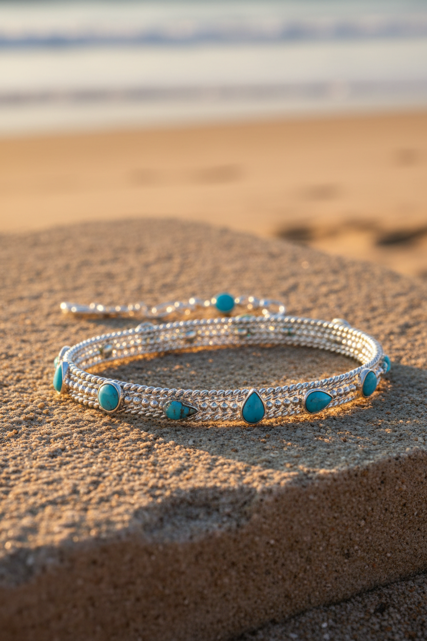 Silver Turquoise Beaded Anklet