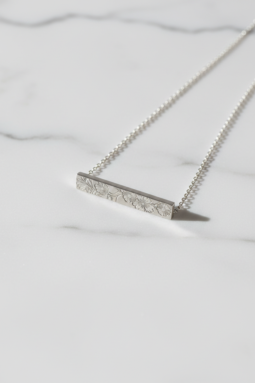 Silver Floral Engraved Bar Pendant