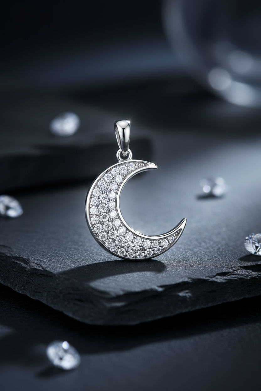 Silver Crescent Moon Pavé Pendant
