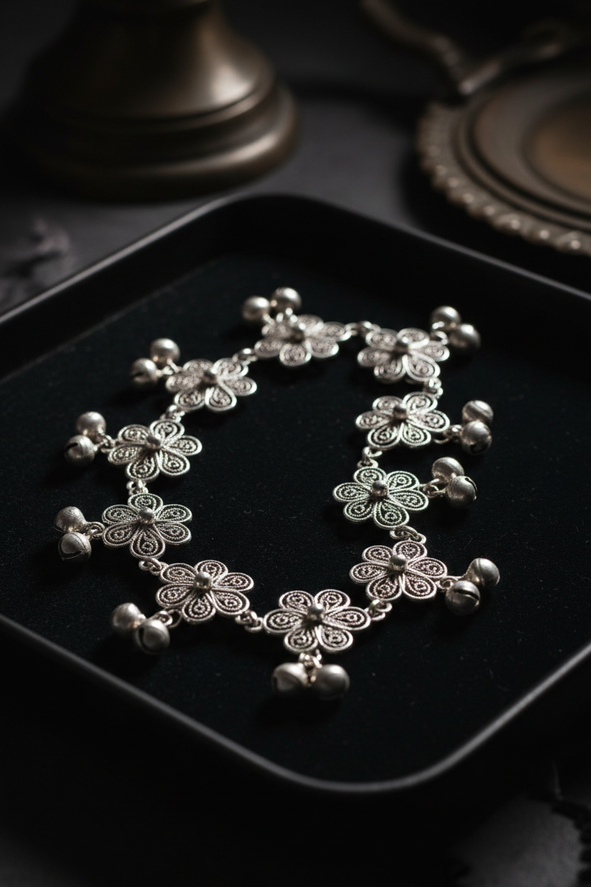 Silver Filigree Floral Bell Anklet