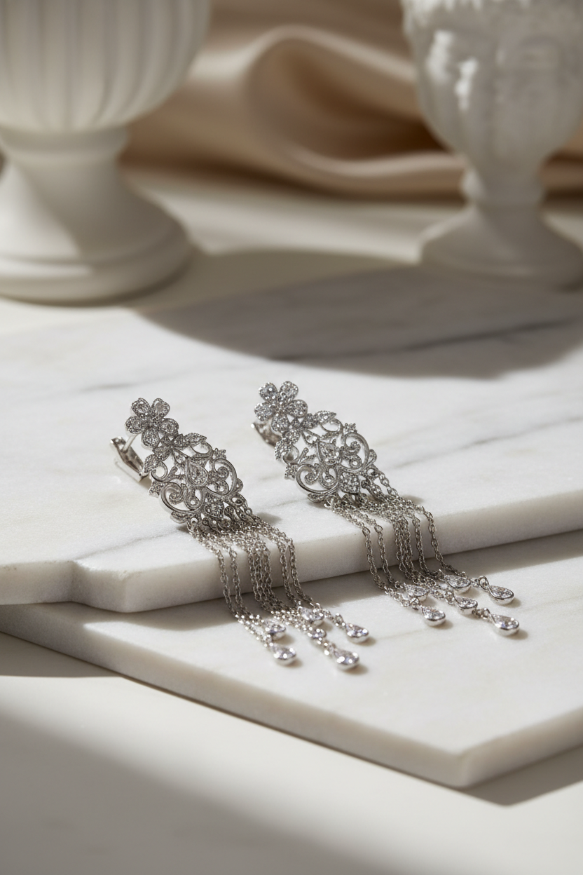 Silver Filigree Chandelier Drop Earrings