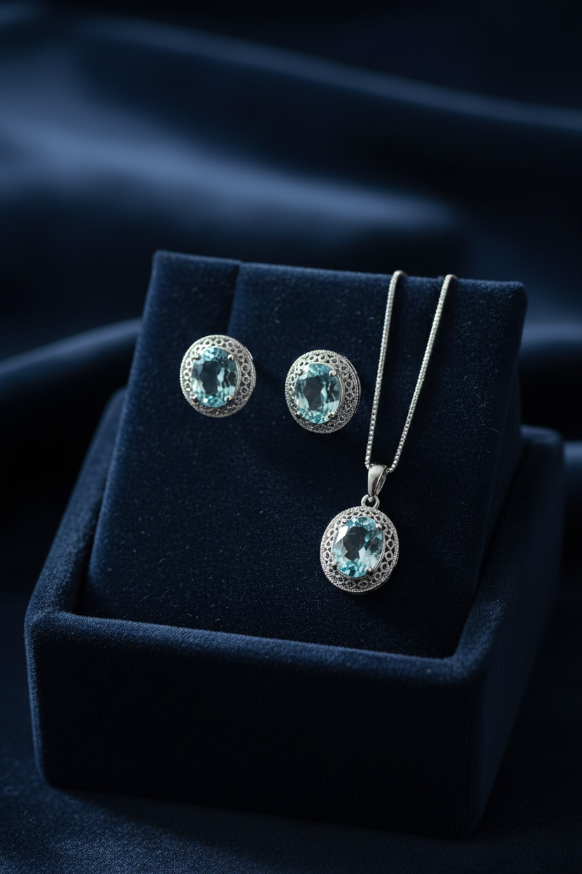 Silver Aquamarine Earring & Pendant Set